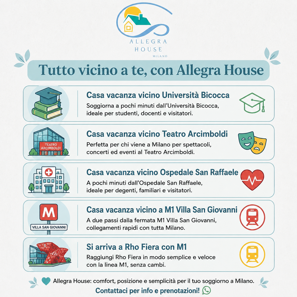 "Casa vacanza vicino Università Bicocca"
"Casa vacanza vicino Teatro Arcimboldi"
"Casa vacanza vicino Ospedale San Raffaele"
"Dove dormire vicino M1 Villa San Giovanni"
"Come arrivare a Rho Fiera dalla M1"
